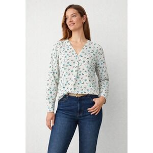 Ann Taylor Women's Large White Floral Purple Green V Neck Long Sleeve Blouse